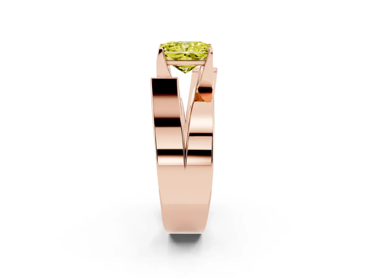 Fancy Yellow Modern Tension Set Radiant Cut Diamond Solitaire Wide Band Ring Rose gold