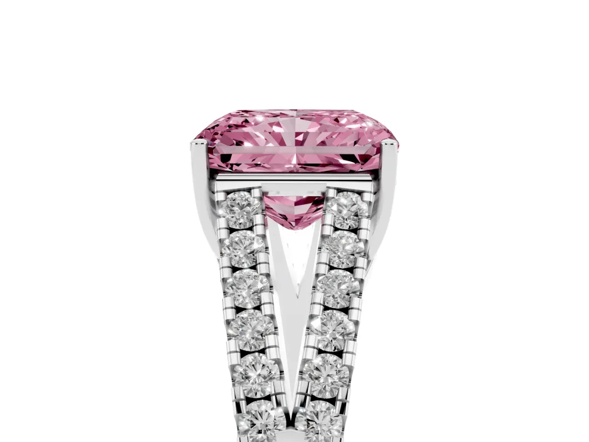 Fancy Pink Radiant Cut Diamond Split Shank Pavé Engagement Ring with Four-Prong Setting Silver