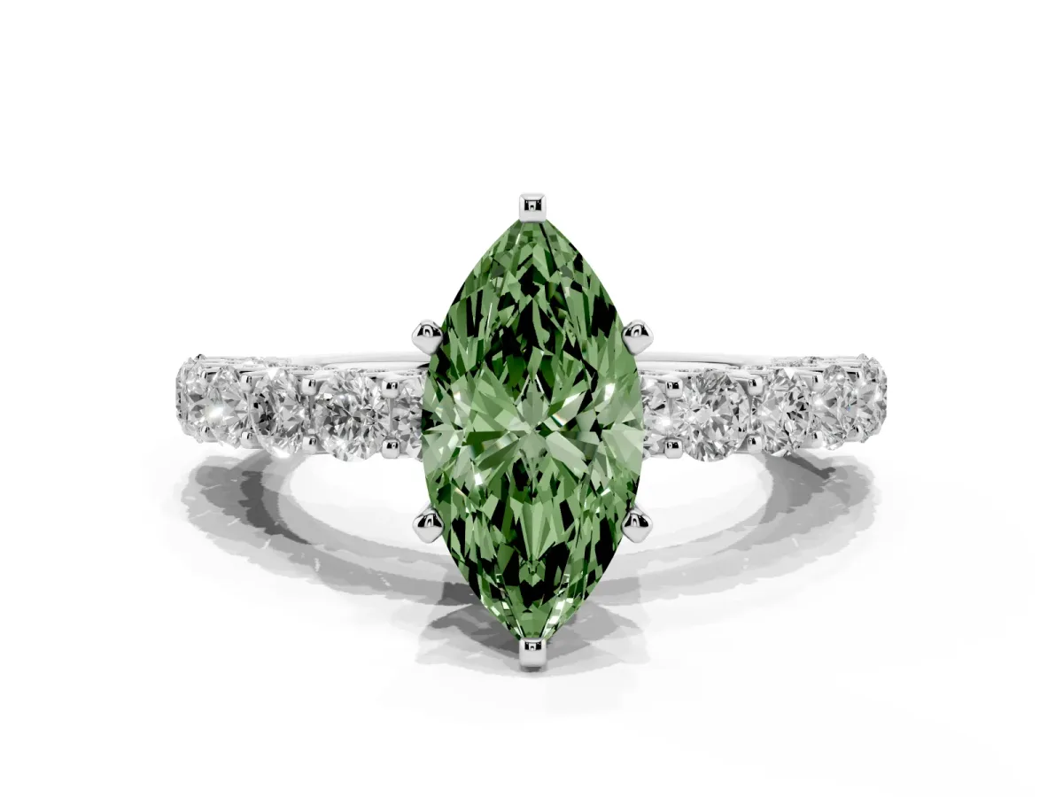 Fancy Green Marquise Cut Diamond Solitaire Ring with Shared Prong Pavé Band and Four-Prong Setting White gold