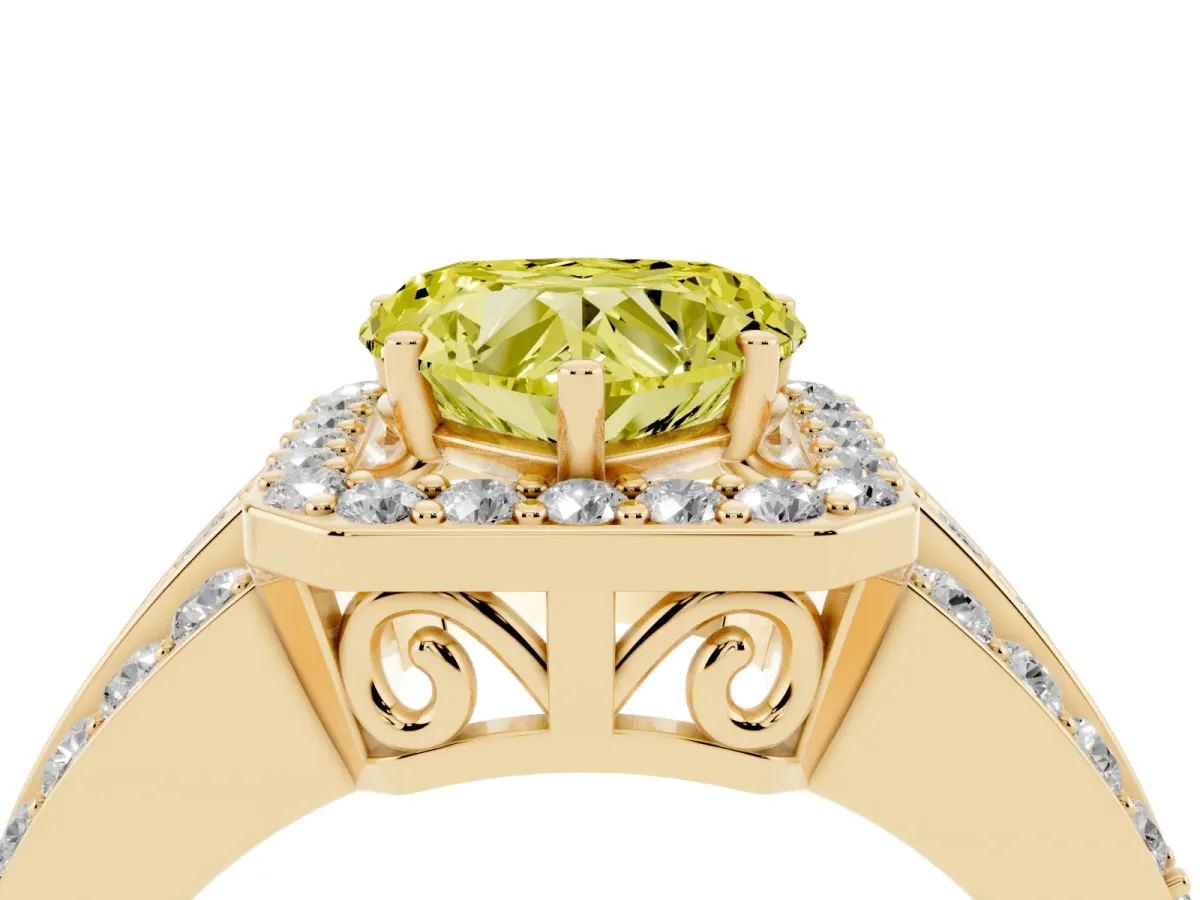 Fancy Yellow Heart Cut Halo Diamond Ring with Round Split Shank and Prong Setting Yellow gold