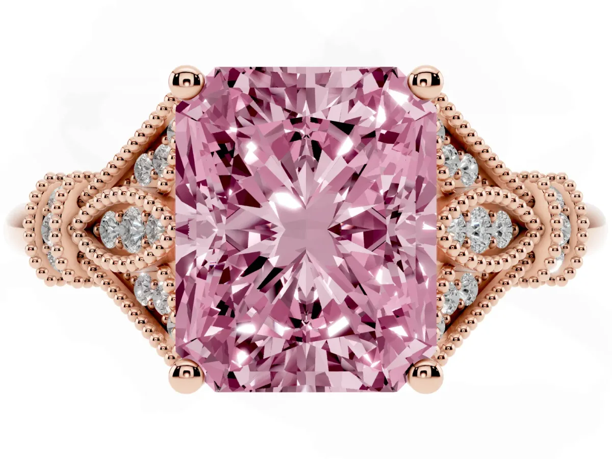 Fancy Pink Radiant Cut Diamond Solitaire Ring with Floral Filigree and Pave Accents Rose gold