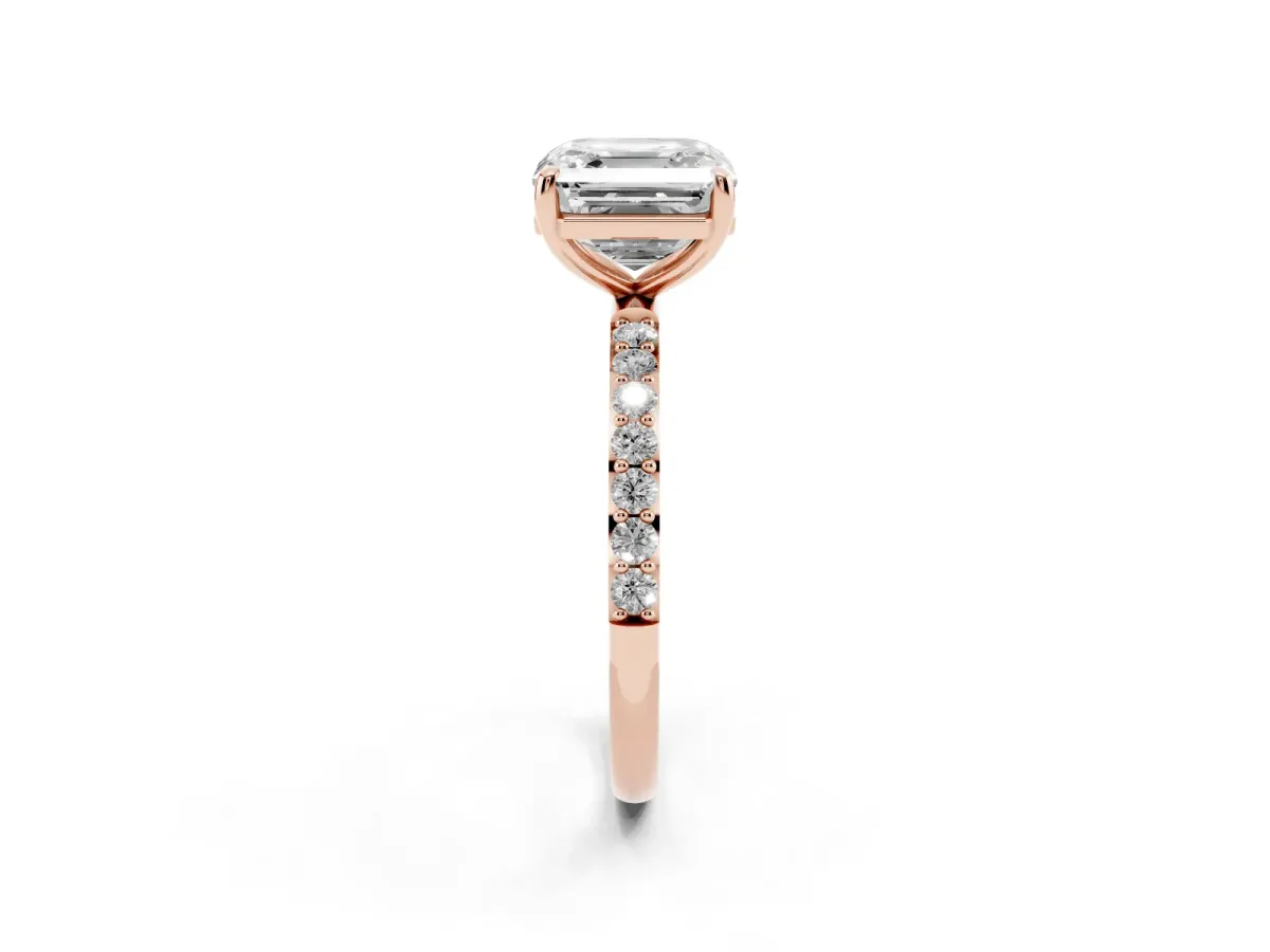 Asscher Cut Diamond Solitaire Ring with Round Pavé Band and Prong Setting Rose gold