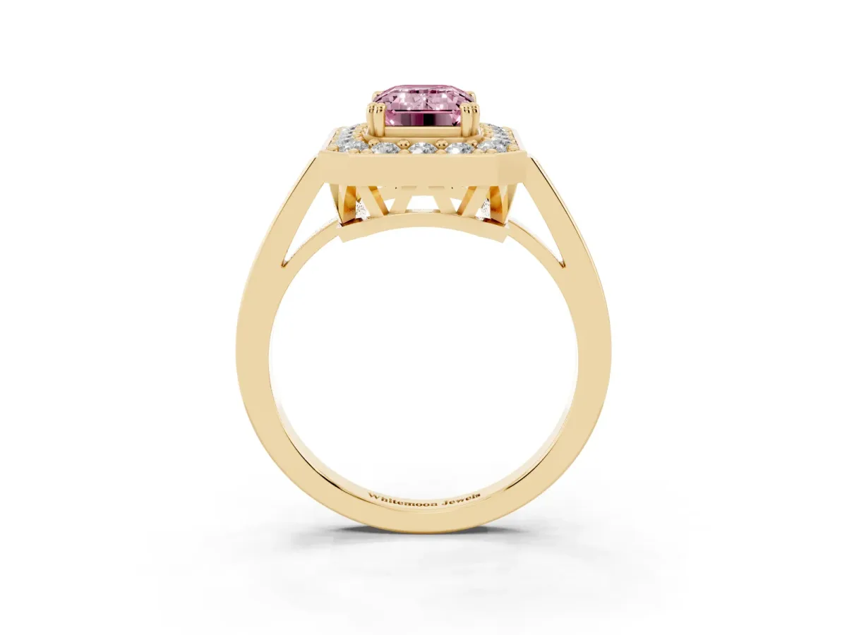 Fancy Pink Emerald Cut Diamond Halo Ring with Split Shank and Four-Prong Setting Yellow gold