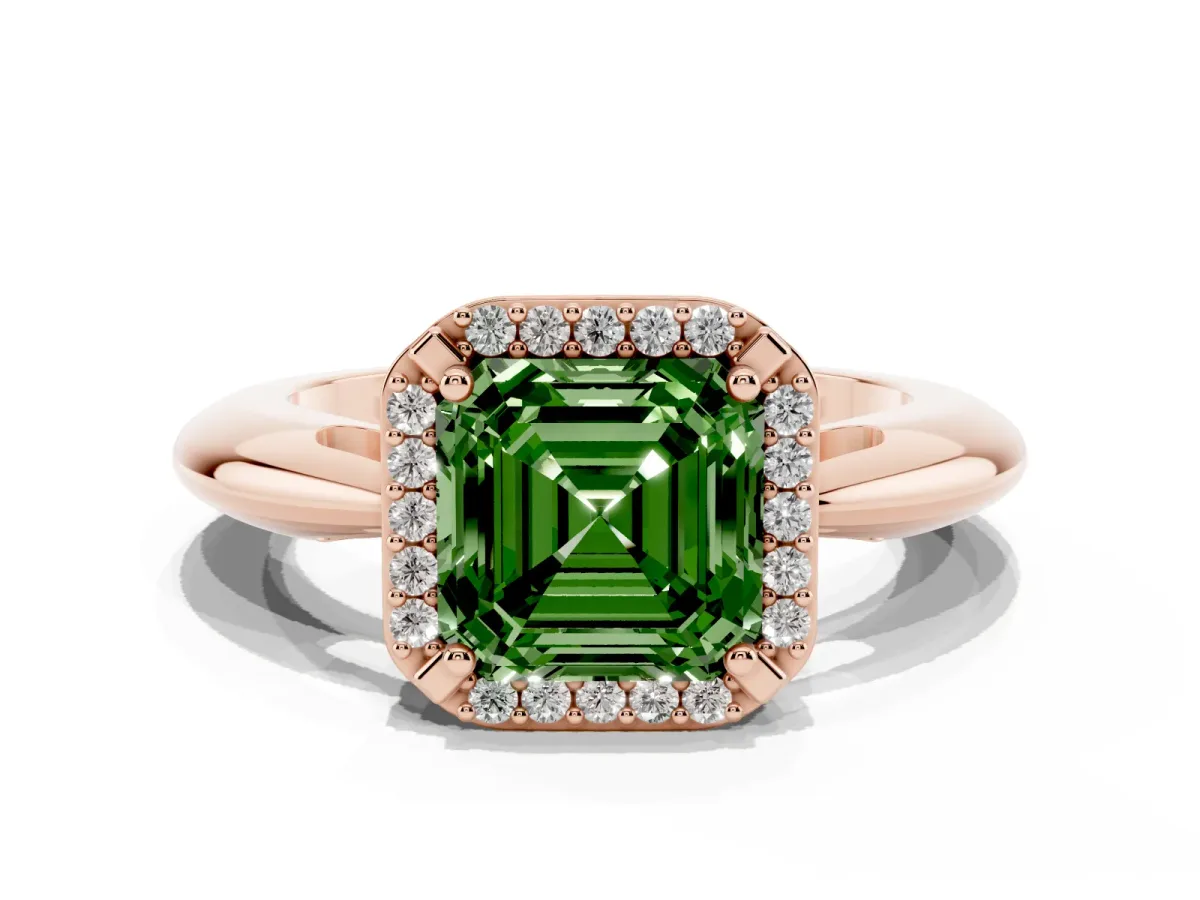 Fancy Green Asscher Cut Cut Diamond Halo Engagement Ring with Split Shank and Four-Prong Setting Rose gold