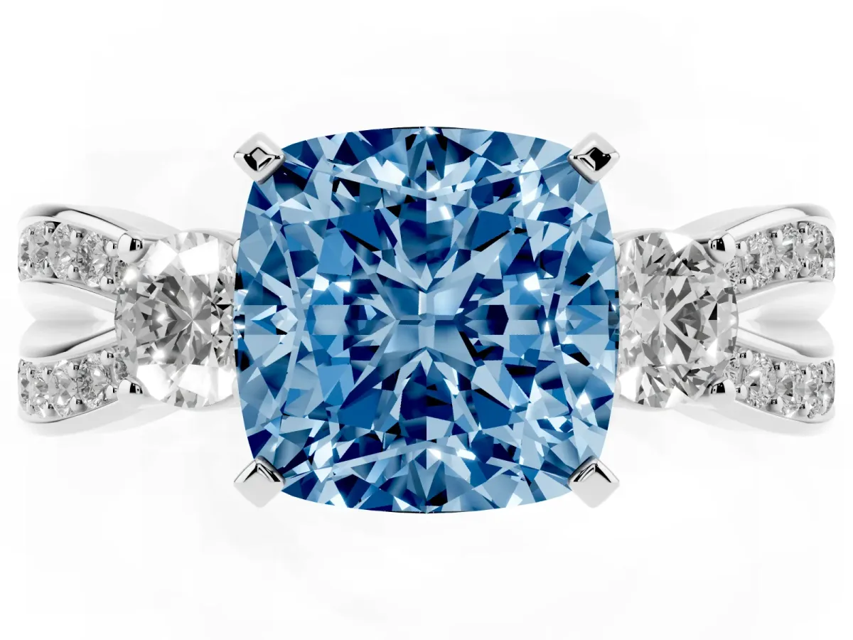 Fancy Blue Three-Stone Cushion Cut Cut Diamond Twist Band with Prong Setting Silver