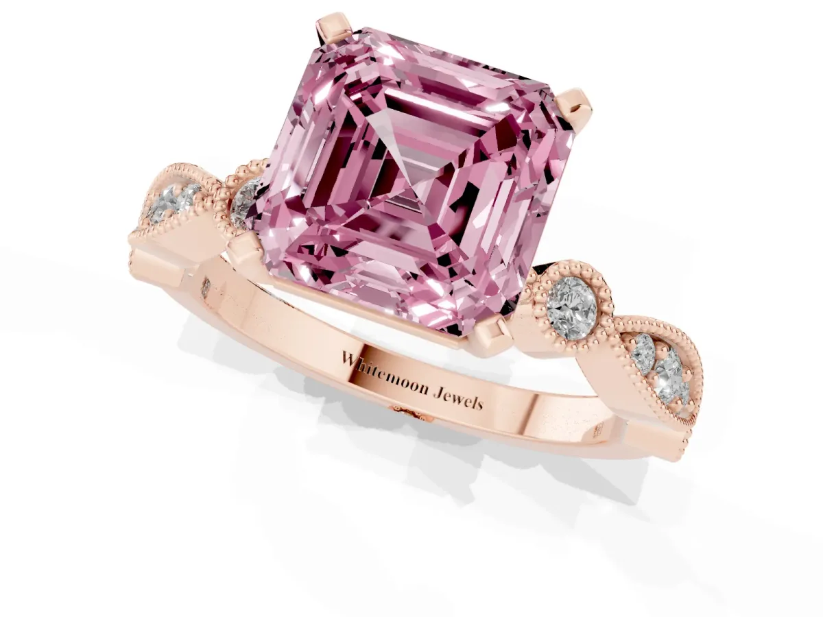 Fancy Pink Asscher Cut Milgrain Bezel Diamond Engagement Ring with Solitaire Prong Setting Rose gold