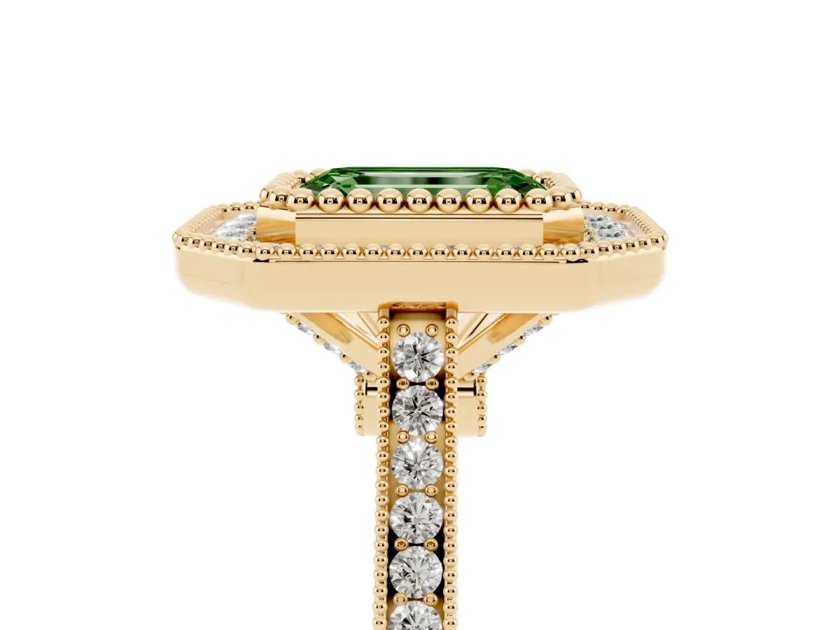 Fancy Green Emerald Cut Diamond Halo Ring with Milgrain Frame and Pavé Band Yellow gold