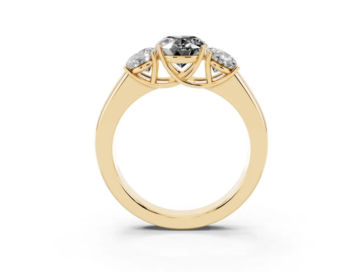 Fancy Black Three-Stone Oval Cut Cut Diamond Ring with Prong Setting and Classic Band Yellow gold