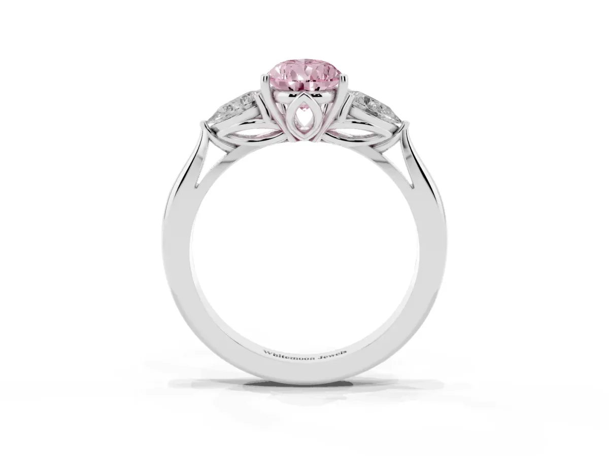 Fancy Pink Pear Cut Diamond Three-Stone Ring with Pear Side Stones and Prong Setting Silver