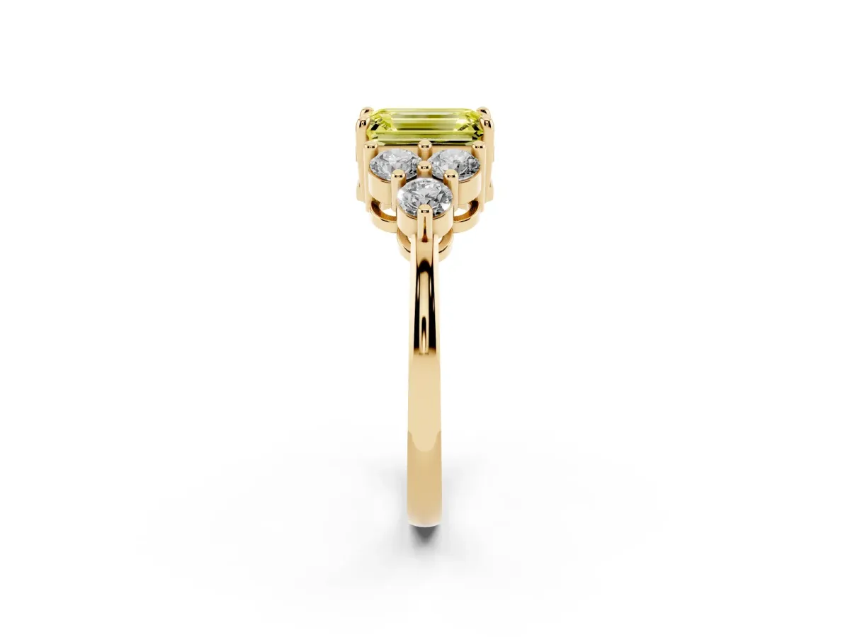Fancy Yellow Emerald Cut Brilliant Diamond Cluster Accent Solitaire Ring with Prong Setting Yellow gold