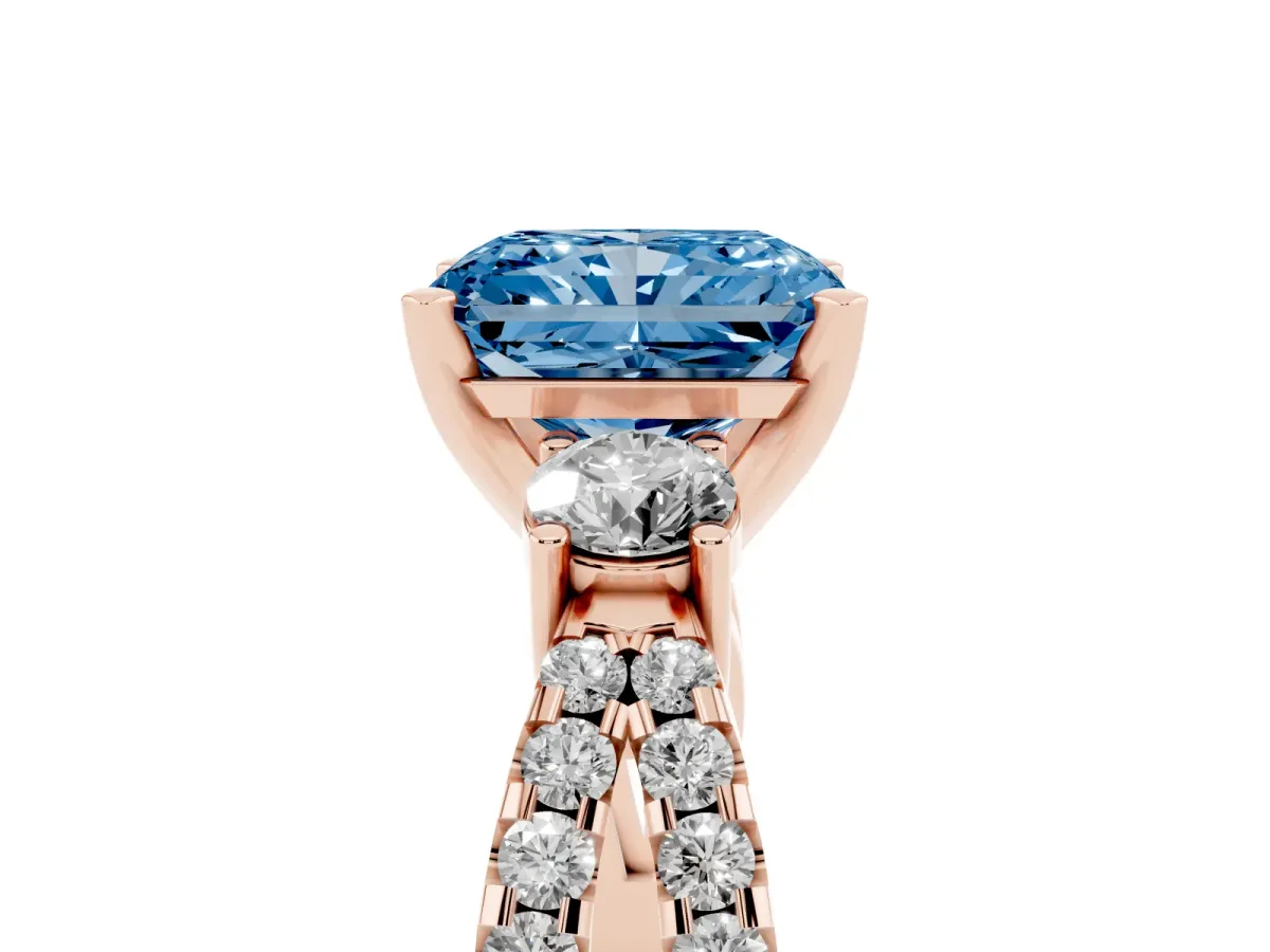 Fancy Blue Radiant Cut Diamond Three-Stone Ring with Pavé Split Shank and Four-Prong Setting Rose gold