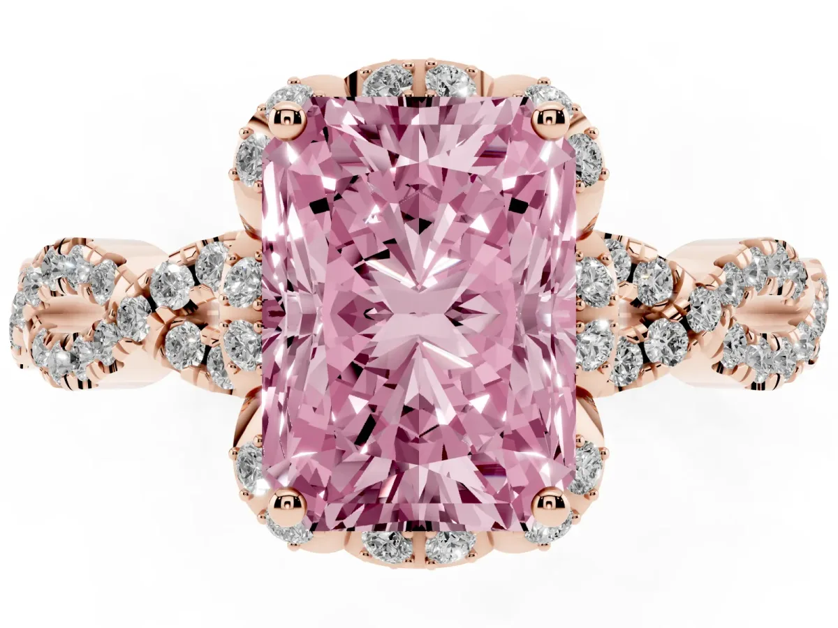 Fancy Pink Radiant Cut Halo Twist Band Solitaire Ring with Six-Prong Setting Rose gold