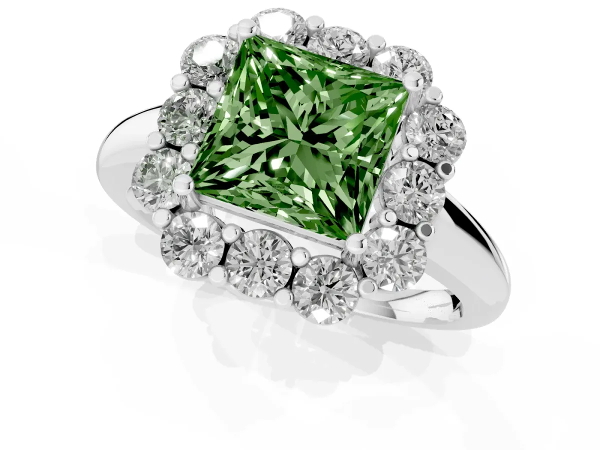 Fancy Green Princess Cut Halo Milgrain Solitaire with Bezel Set Side Stones and Pave Band Silver