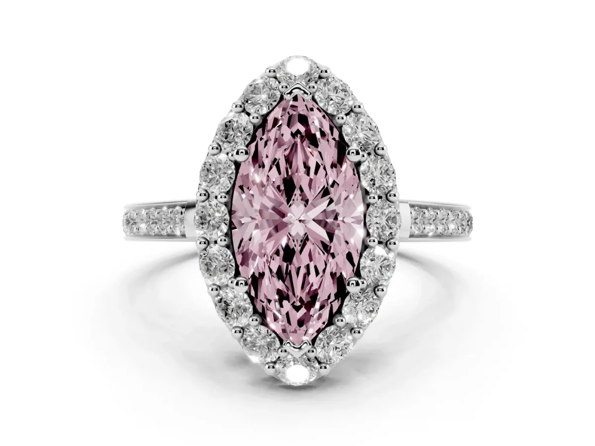 Fancy Pink Marquise Cut Diamond Floral Halo Ring with Pavé Band and Prong Setting White gold
