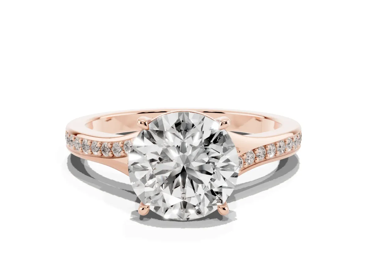 Round Cut Diamond Solitaire Ring with Pavé Band and Prong Setting Rose gold