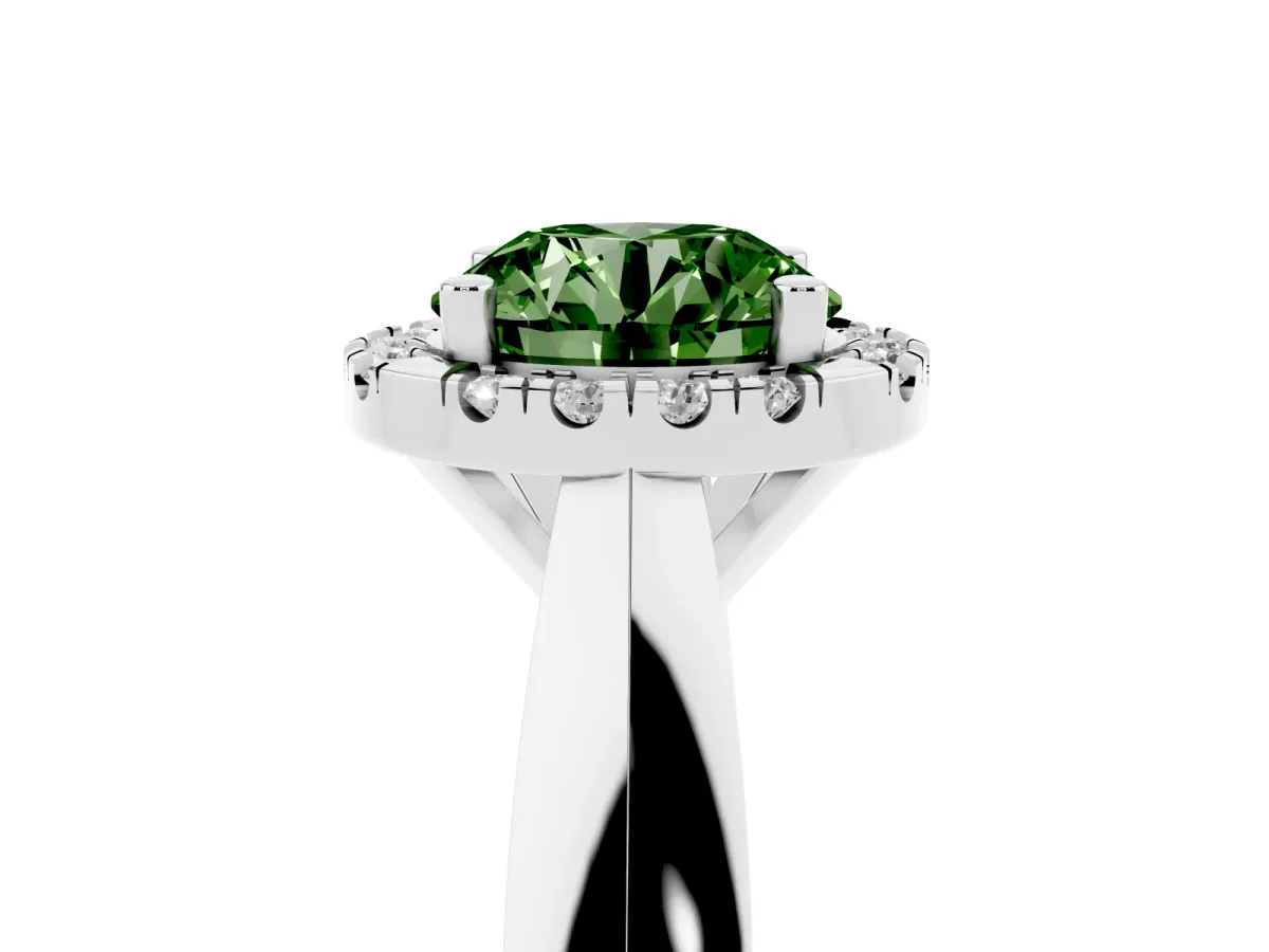 Fancy Green Round Cut Cut Halo Solitaire Engagement Ring with Square Band and Four-Prong Setting Silver