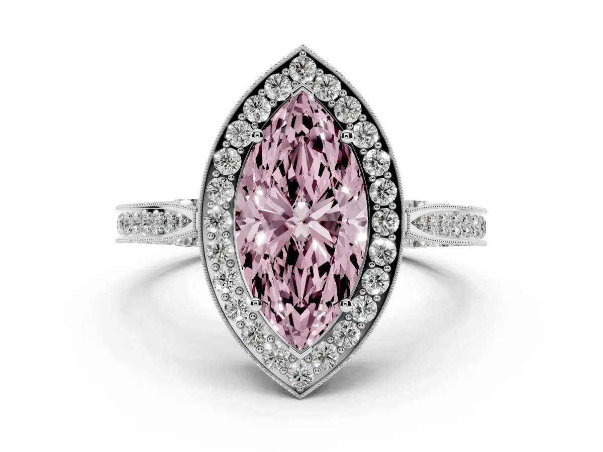 Fancy Pink Marquise Cut Halo Diamond Engagement Ring with Split Shank Band and Four-Prong Setting Silver