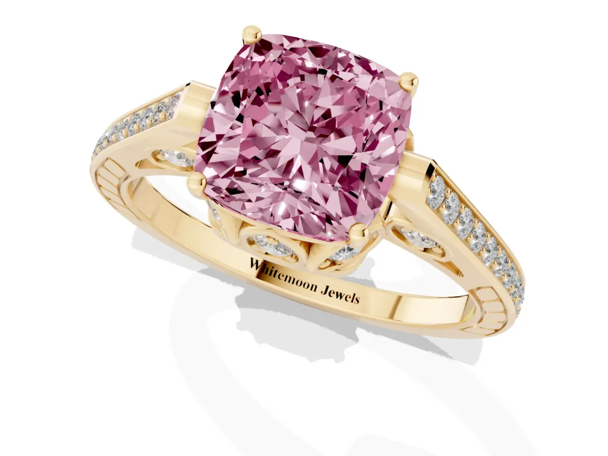 Fancy Pink Cushion Cut Cut Cathedral Pave Diamond Engagement Ring with Six-Prong Setting Yellow gold