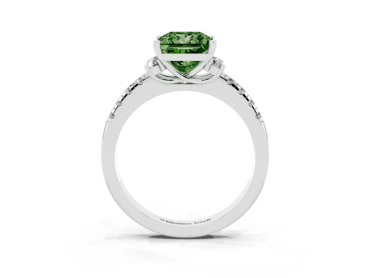 Fancy Green Princess Cut Diamond Three-Stone Pave Band with Four-Prong Setting Silver