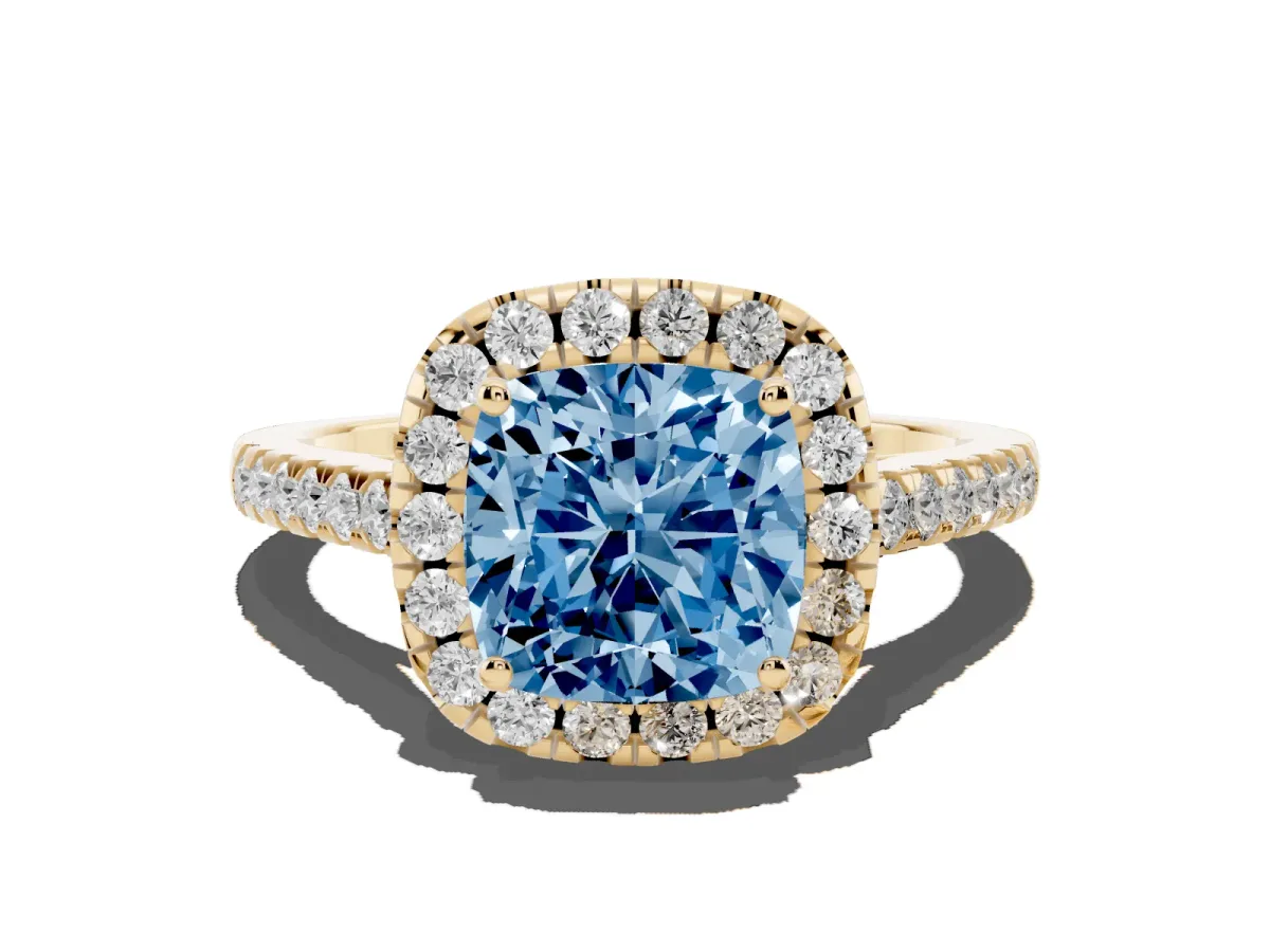 Fancy Blue Cushion Cut Halo Pavé Diamond Engagement Ring with Four-Prong Setting Yellow gold