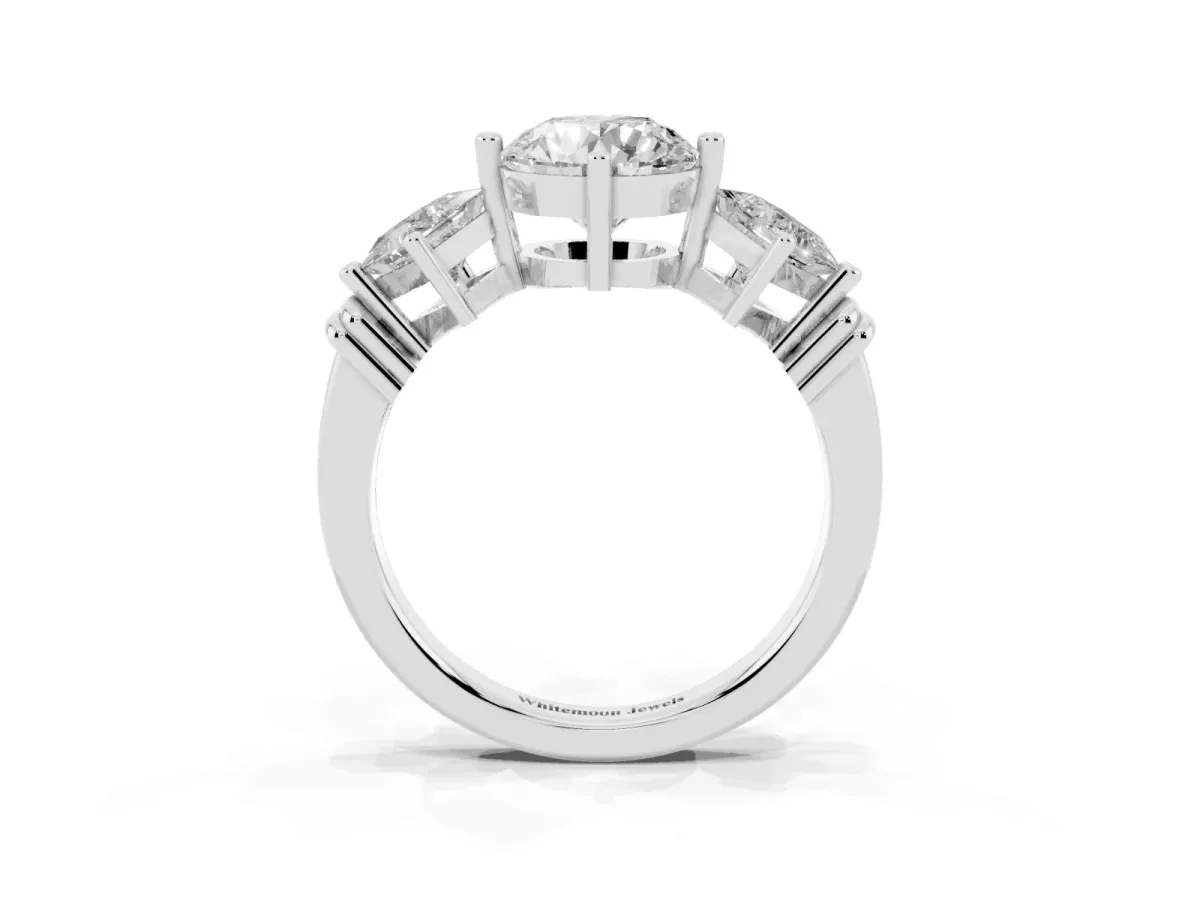 Three-Stone Round Cut and Princess Cut Diamond Ring with Channel Band and Four-Prong Setting White gold