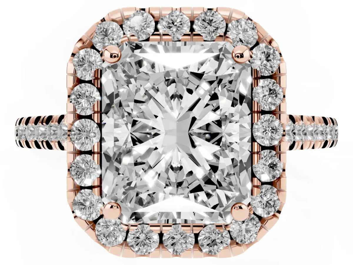 Radiant Cut Diamond Cushion Halo Ring with Pavé Band Rose gold