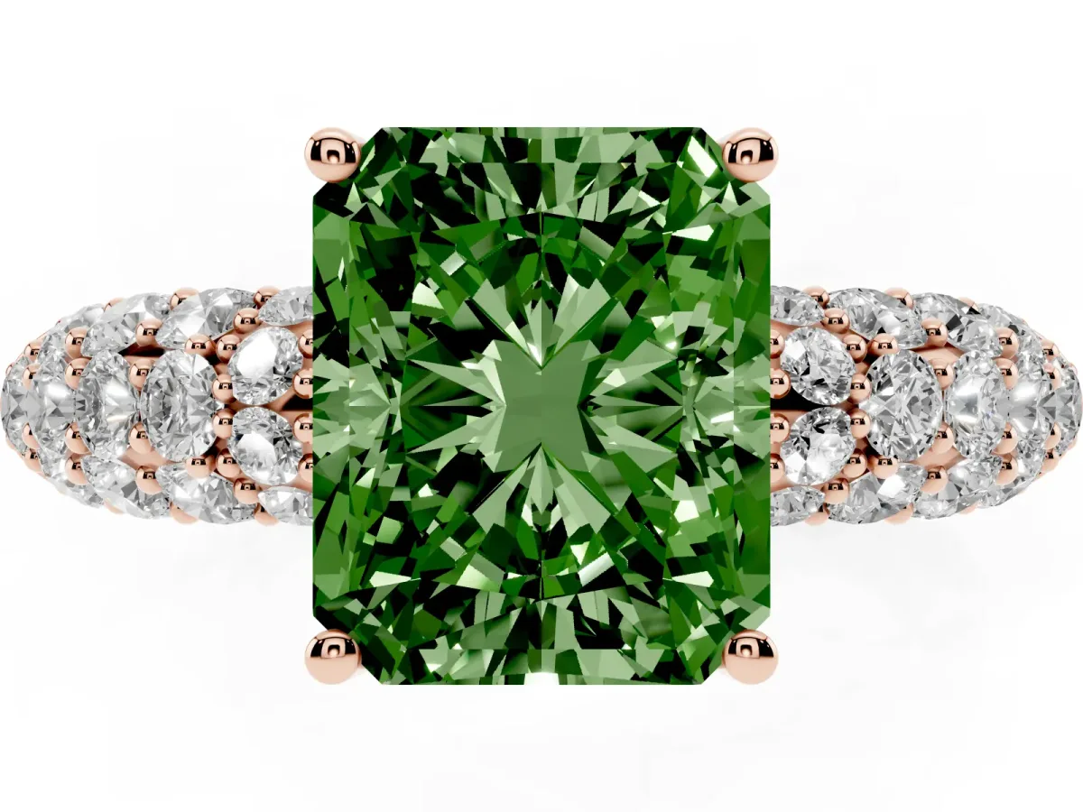 Fancy Green Radiant Cut Diamond Pavé Band Solitaire Ring with Four-Prong Setting Rose gold