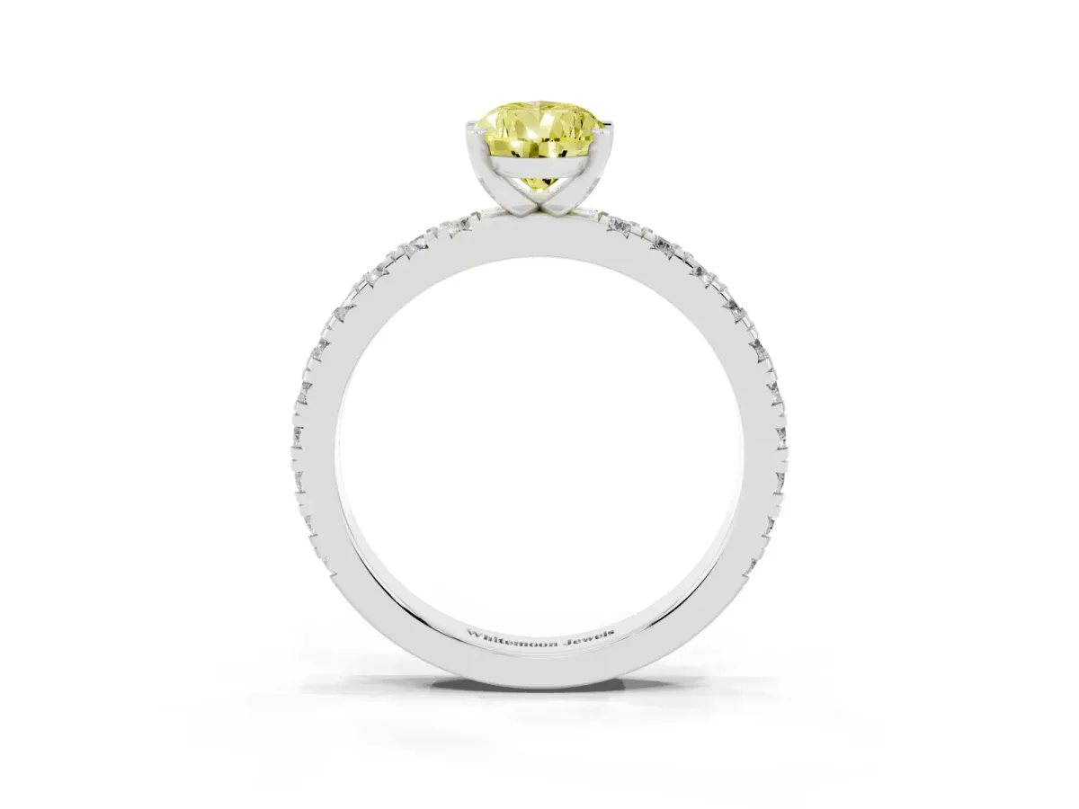 Fancy Yellow Pear Cut Diamond Pavé Band Solitaire with Four-Prong Setting Platinum