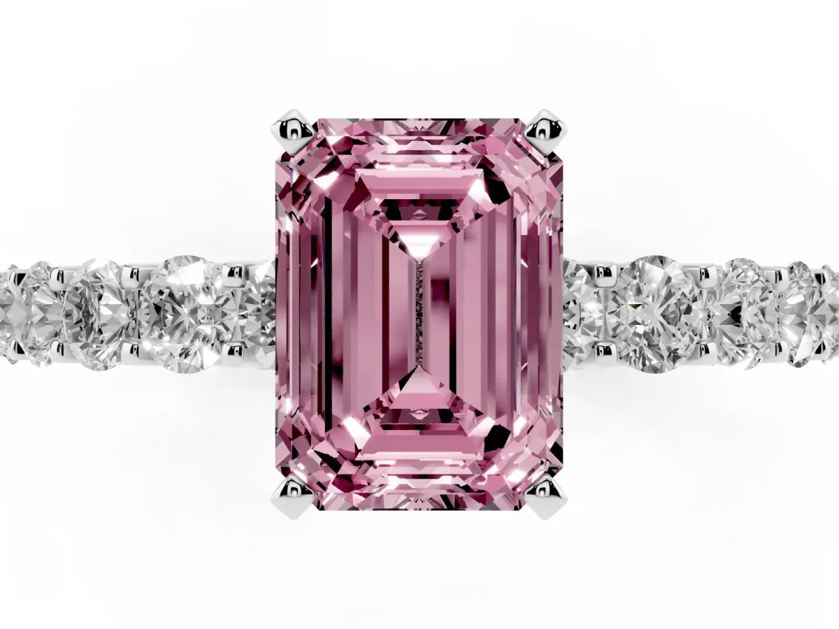 Fancy Pink Emerald Cut Diamond Solitaire Ring with Shared Prong Pavé Band and Four-Prong Setting Silver