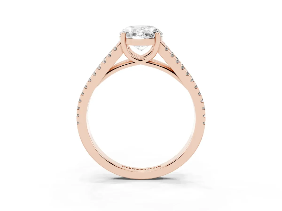 Oval Cut Diamond Solitaire Engagement Ring with Split Shank Pavé Band Rose gold