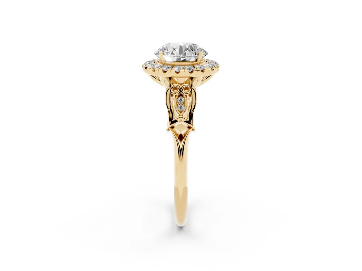 Round Cut Halo Diamond Engagement Ring with Filigree Band and Four-Prong Setting Yellow gold
