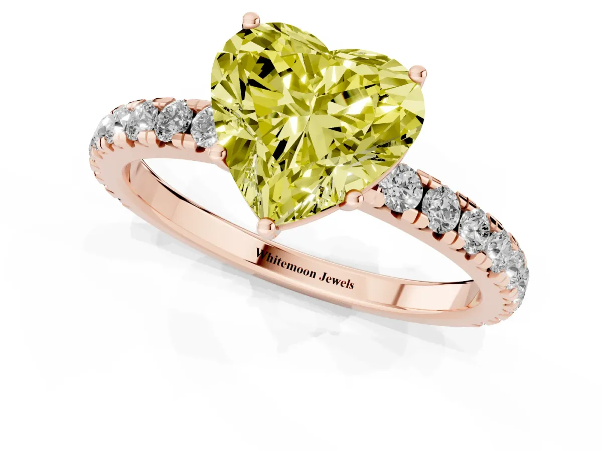 Fancy Yellow Heart Cut Diamond Pavé Solitaire Engagement Ring with Four-Prong Setting Rose gold
