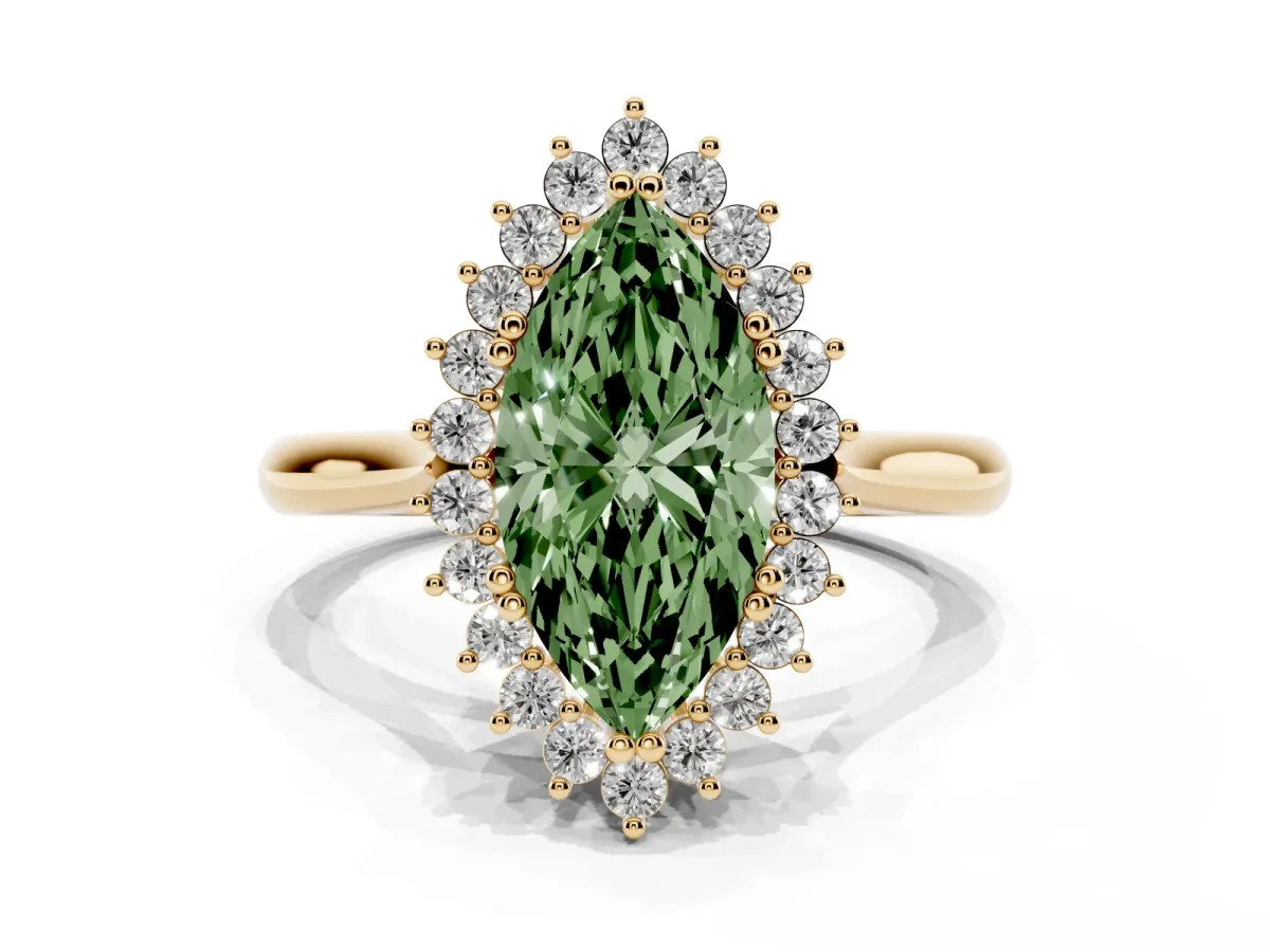 Fancy Green Marquise Cut Cut Diamond Halo Ring with Solitaire Band and Prong Setting Yellow gold