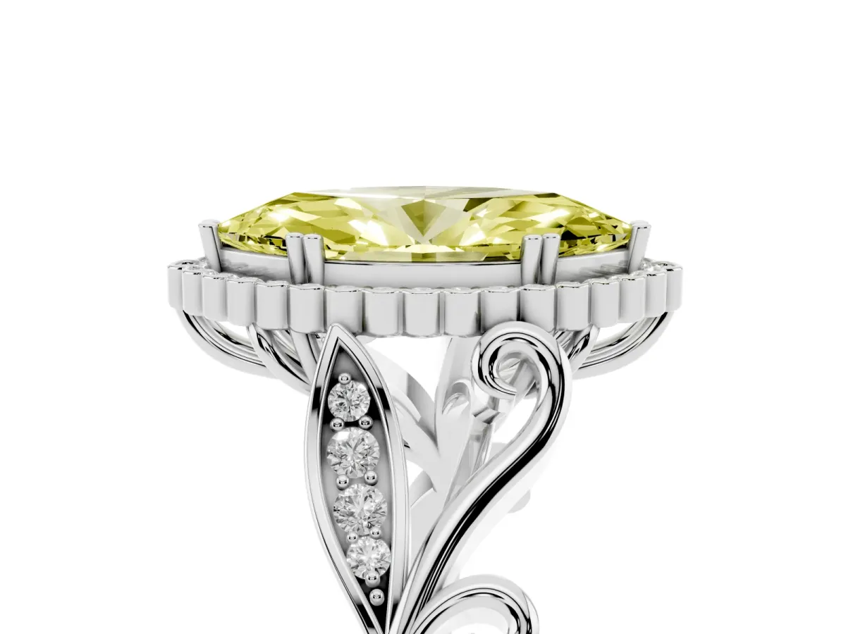 Fancy Yellow Marquise Cut Diamond Halo Ring with Vintage Split Shank and Four-Prong Setting Silver