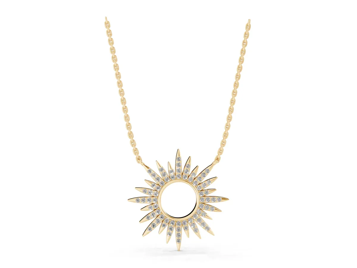 Round Cut Diamond Sunburst Pendant with Pavé Setting Yellow gold