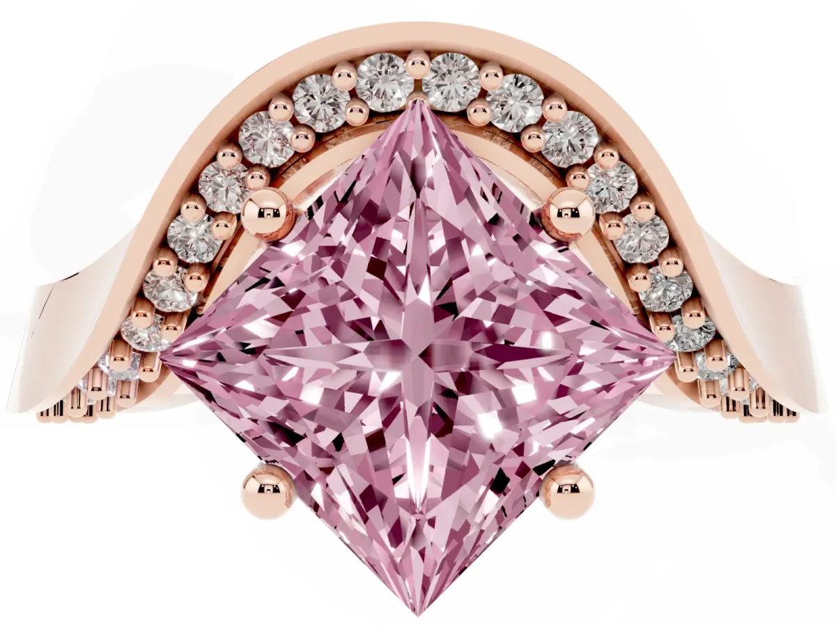 Fancy Pink Princess Cut Solitaire Diamond Engagement Ring with Pave Band and Four-Prong Setting Rose gold