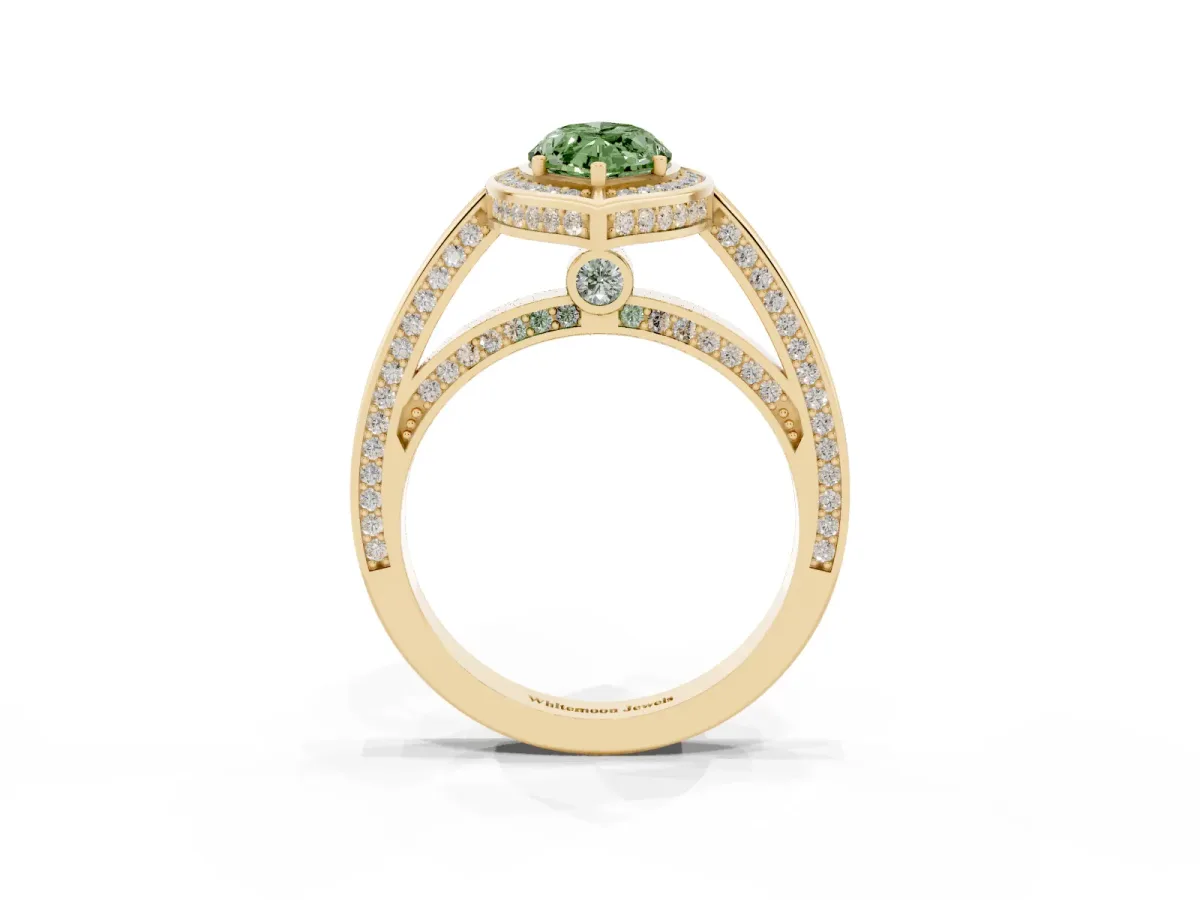 Fancy Green Marquise Cut Cut Halo Pave Split Shank Prong Setting Ring Yellow gold