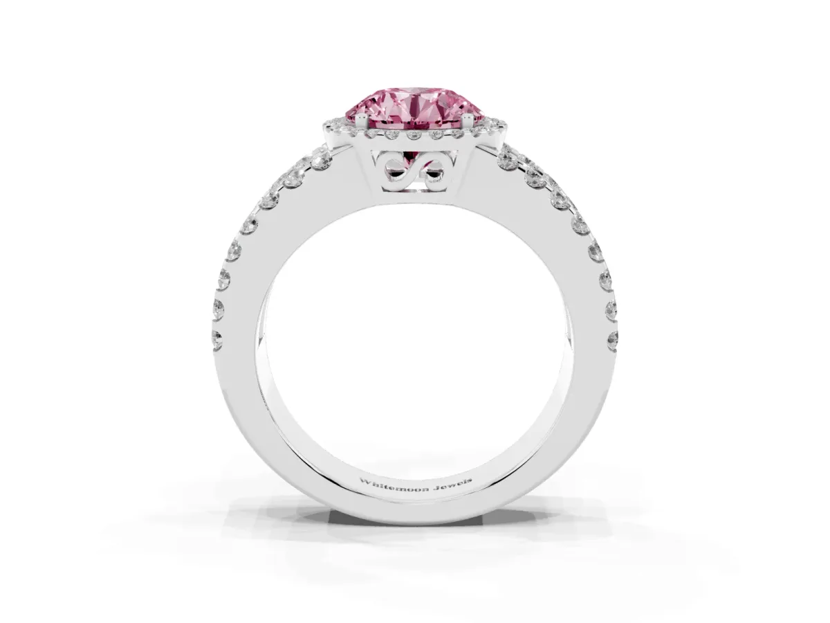 Fancy Pink Round Cut Cut Halo Split Shank Diamond Ring with Four-Prong Setting Silver