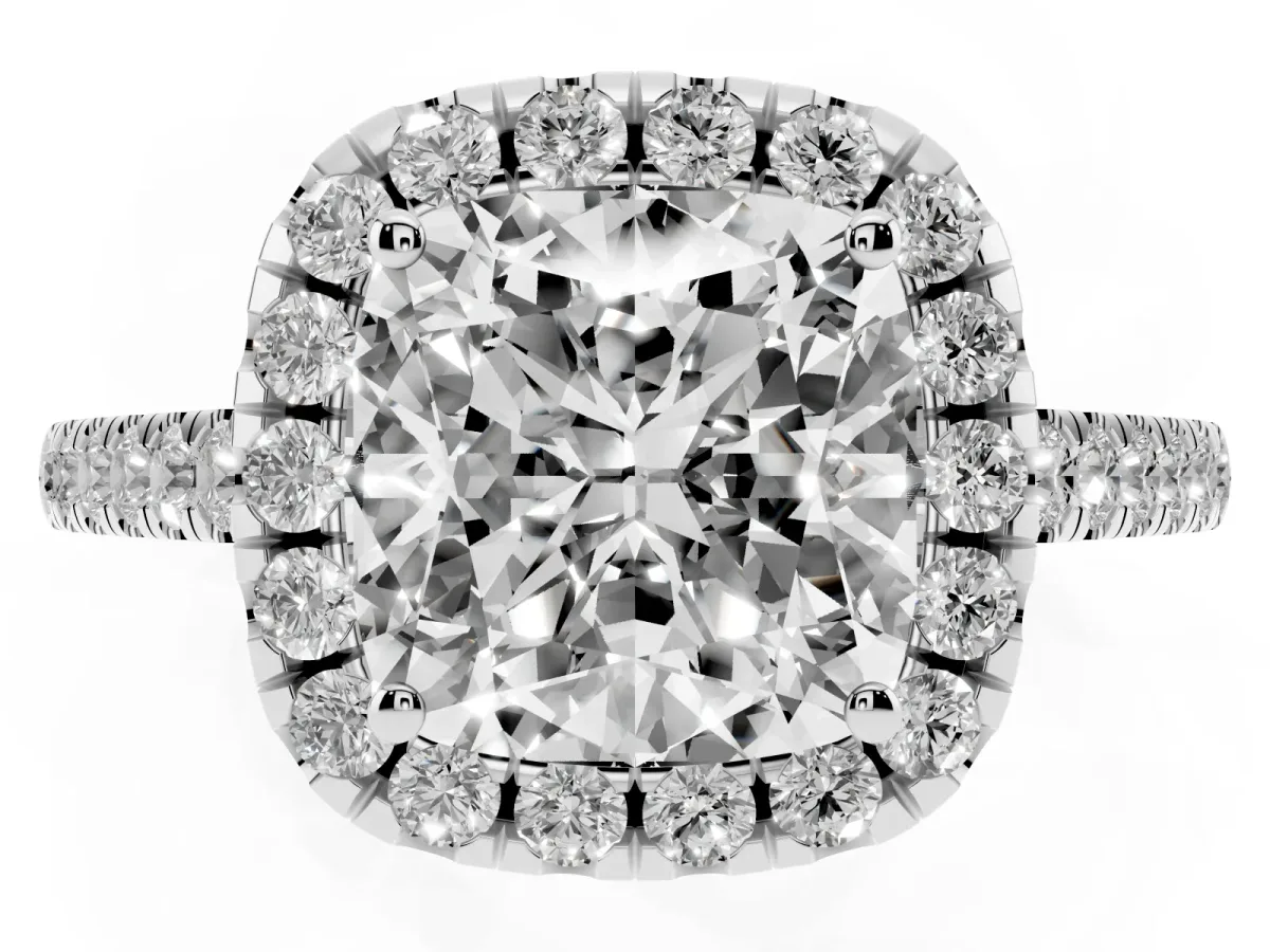 Cushion Cut Halo Pavé Diamond Engagement Ring with Four-Prong Setting Platinum