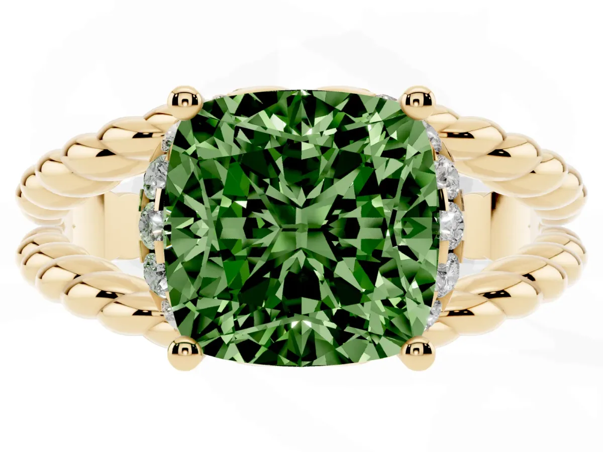 Fancy Green Cushion Cut Halo Twisted Band Four-Prong Ring Yellow gold