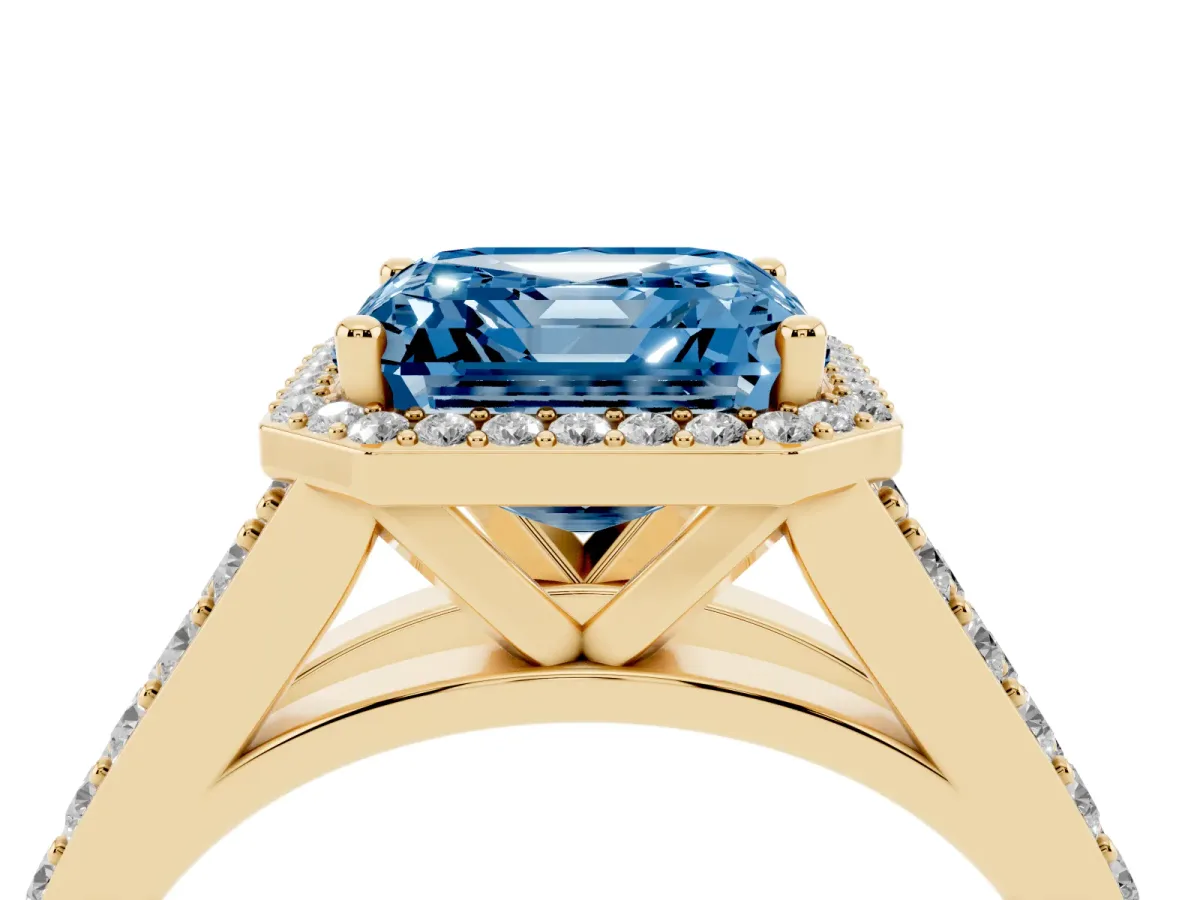 Fancy Blue Asscher Cut Diamond Split Shank Halo Ring with Four-Prong Setting Yellow gold