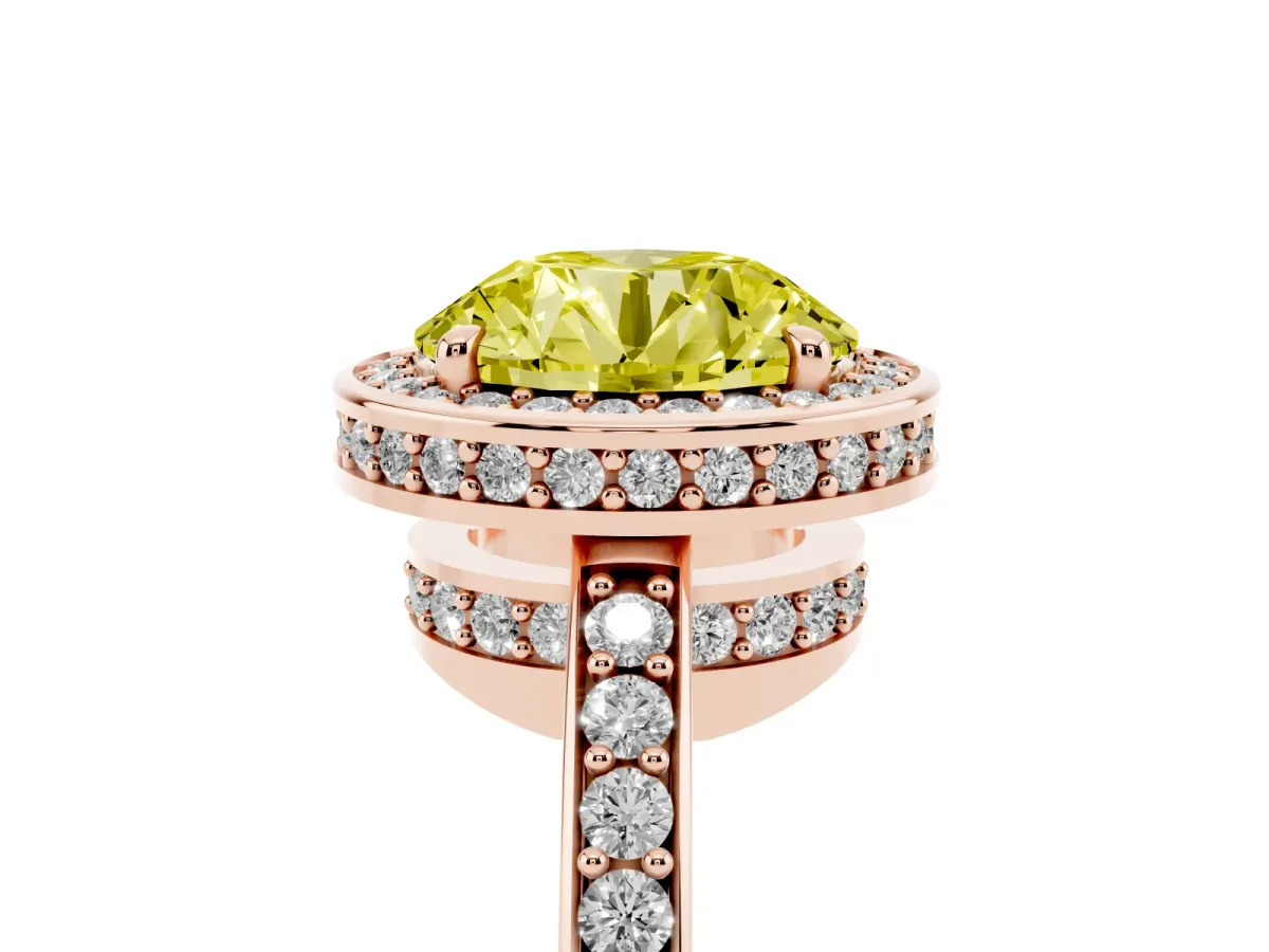 Fancy Yellow Round Cut Halo Pave Band Solitaire Ring with Prong Setting Rose gold