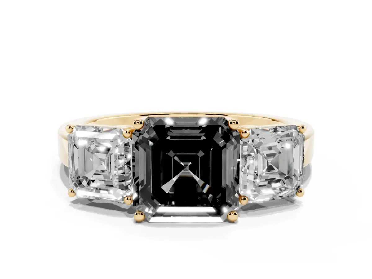 Fancy Black Three-Stone Asscher Cut Cut Diamond Engagement Ring with Flat Band and Four-Prong Setting Yellow gold
