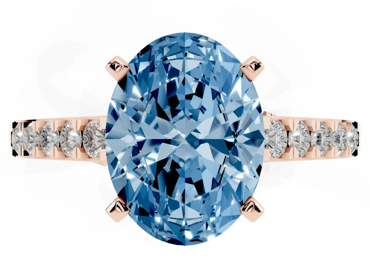 Fancy Blue Oval Cut Diamond Solitaire Ring with Crossover Gallery and Round Pavé Band Rose gold