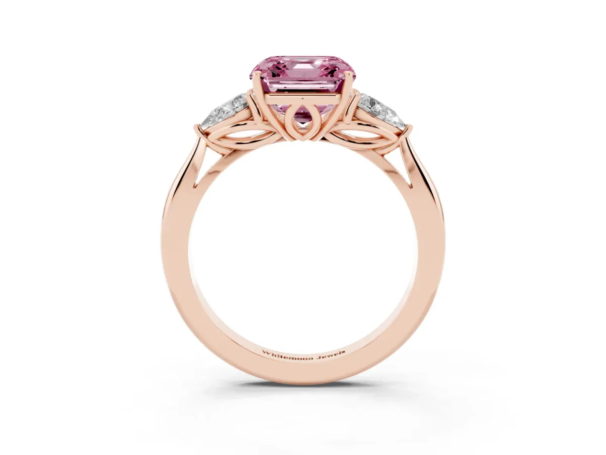 Fancy Pink Asscher Cut Diamond Three-Stone Ring with Pear Side Stones and Prong Setting Rose gold
