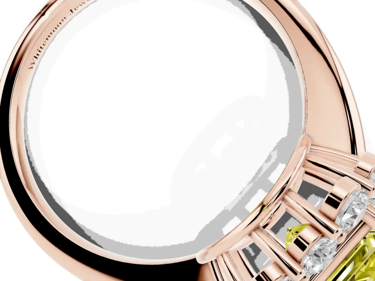 Fancy Yellow Princess Cut Halo Milgrain Solitaire with Bezel Set Side Stones and Pave Band Rose gold