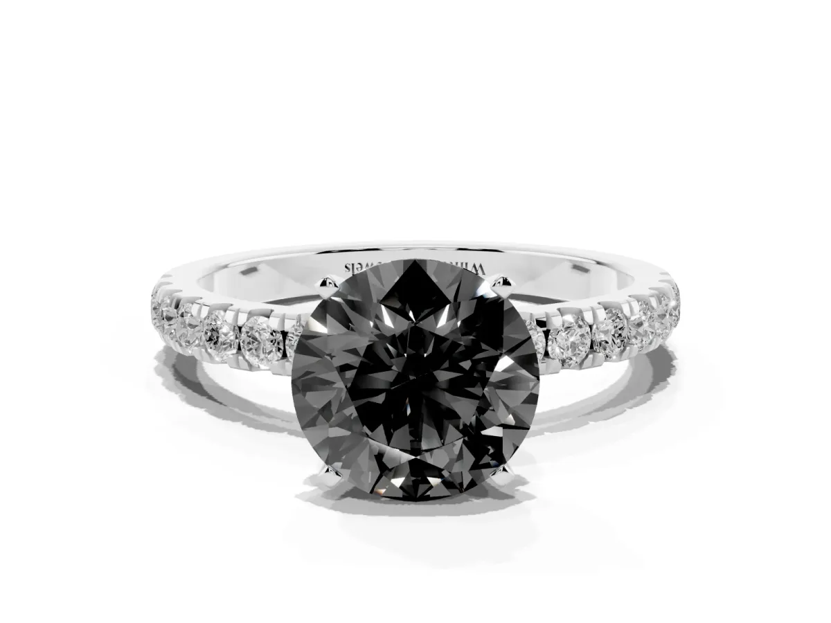 Fancy Black Round Cut Diamond Solitaire Ring with Pavé Accents and Four-Prong Setting White gold
