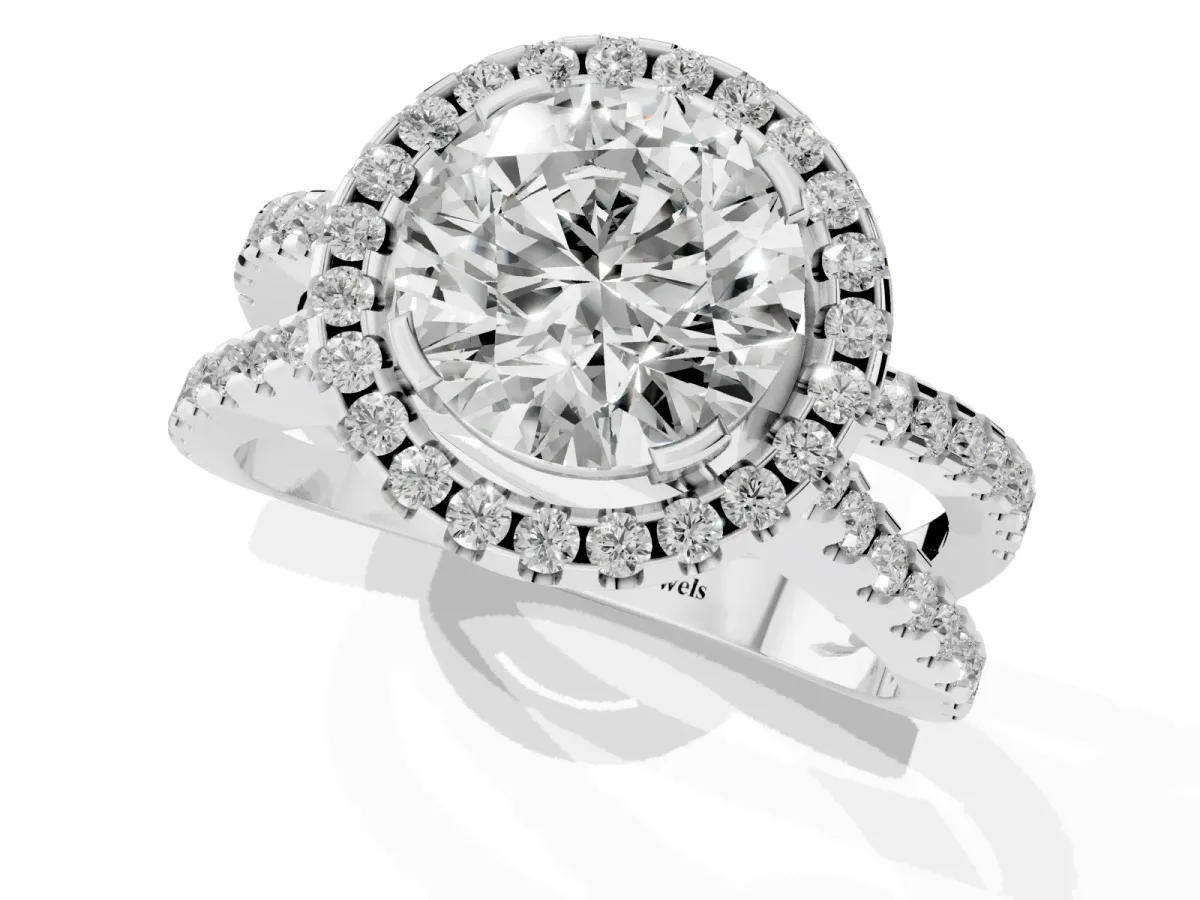 Round Cut Diamond Halo Ring with Split Shank Pavé Band and Prong Setting Platinum