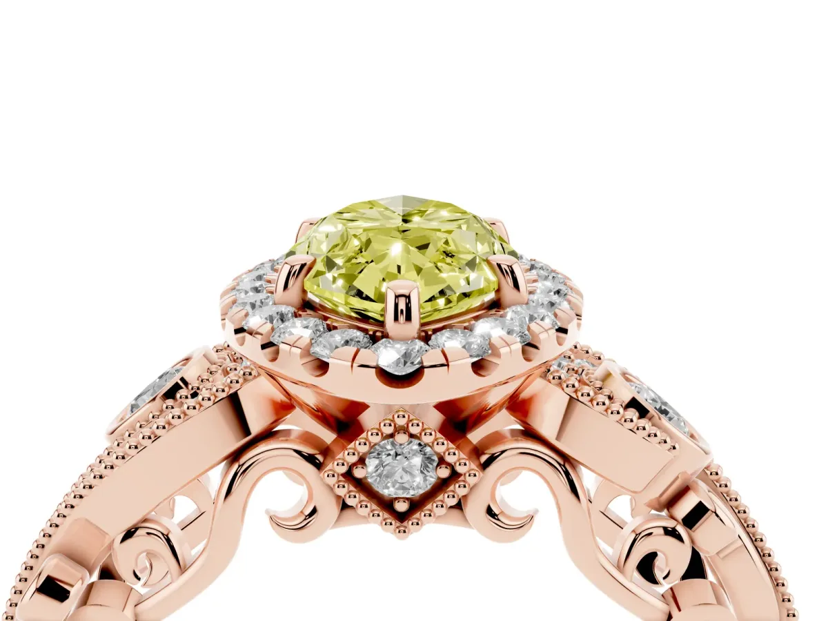 Fancy Yellow Marquise Cut Halo Diamond Ring with Milgrain and Bezel Accents on a Split Shank Band Rose gold