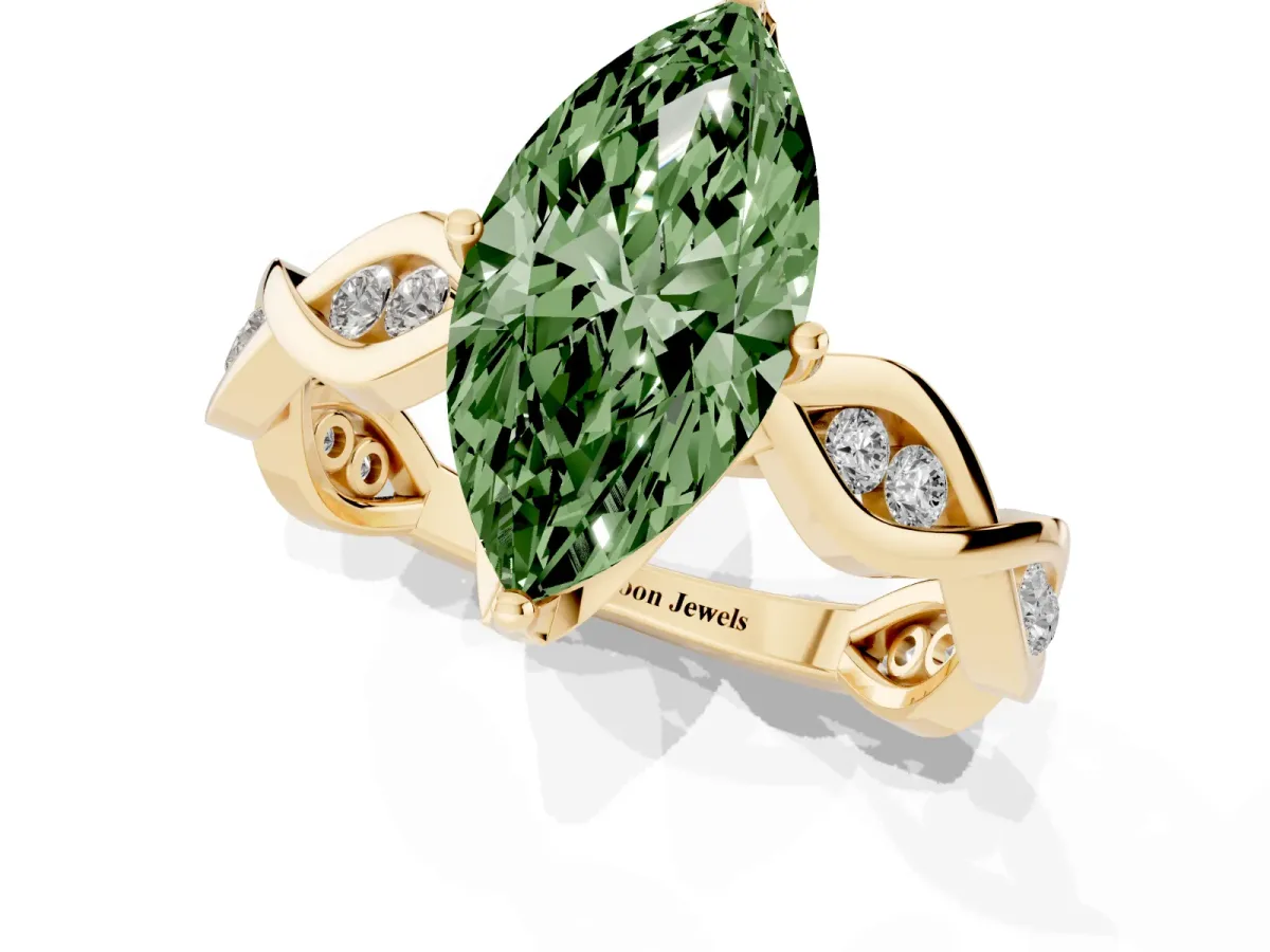 Fancy Green Marquise Cut Solitaire Twist Band with Leaf Prong Setting Yellow gold